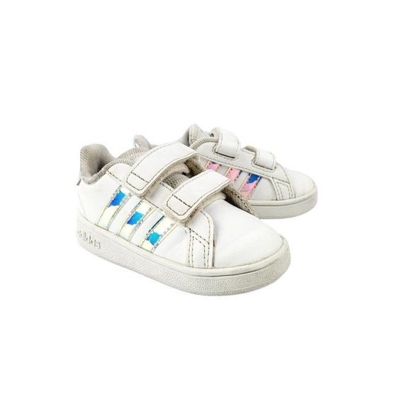 Adidas Grand Court White Tennis Shoes/Sneaker With Iridescent Stripes Size‎ 5K - Picture 1 of 6